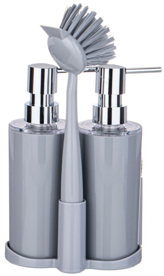Дозатор для мыла двойной с губкой и щеткой, серый с серебром 300 мл LIMON (166-131)