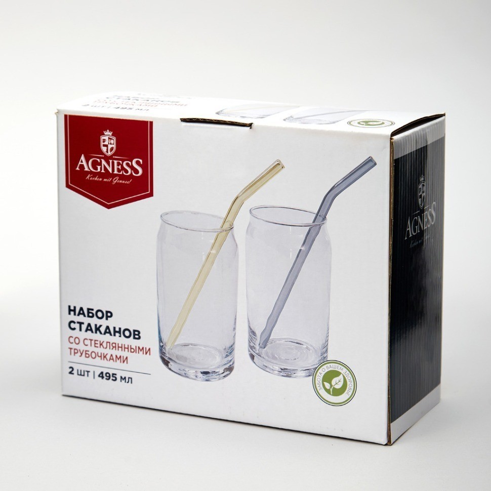 Набор стаканов из 2-х шт. со стекл. трубочками 495 мл Agness (887-290)