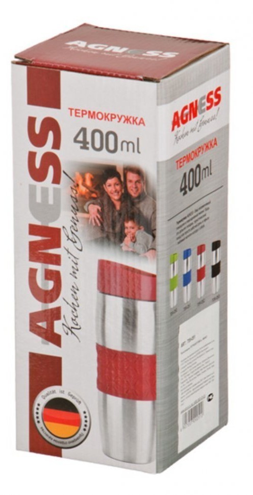 Термокружка agness 400 мл. с силиконовой вставкой и кнопкой-стоппером Agness (709-051)
