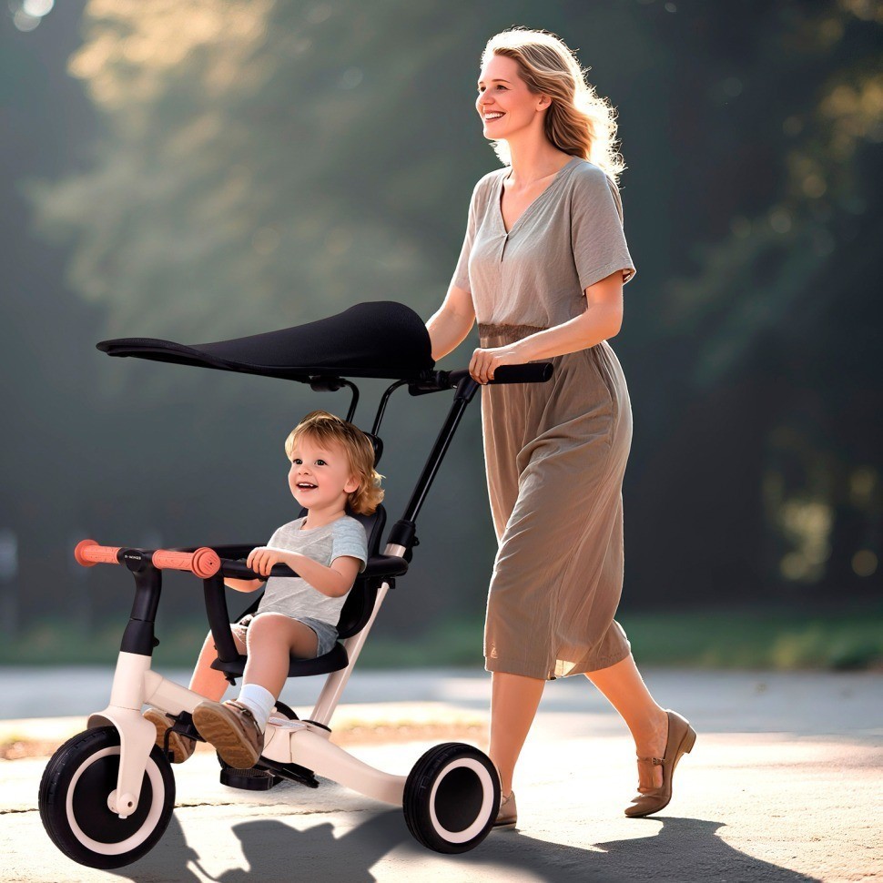 Детский беговел-велосипед 8в1 с крышей и ручкой, бежевый (TR010-BEIGE)