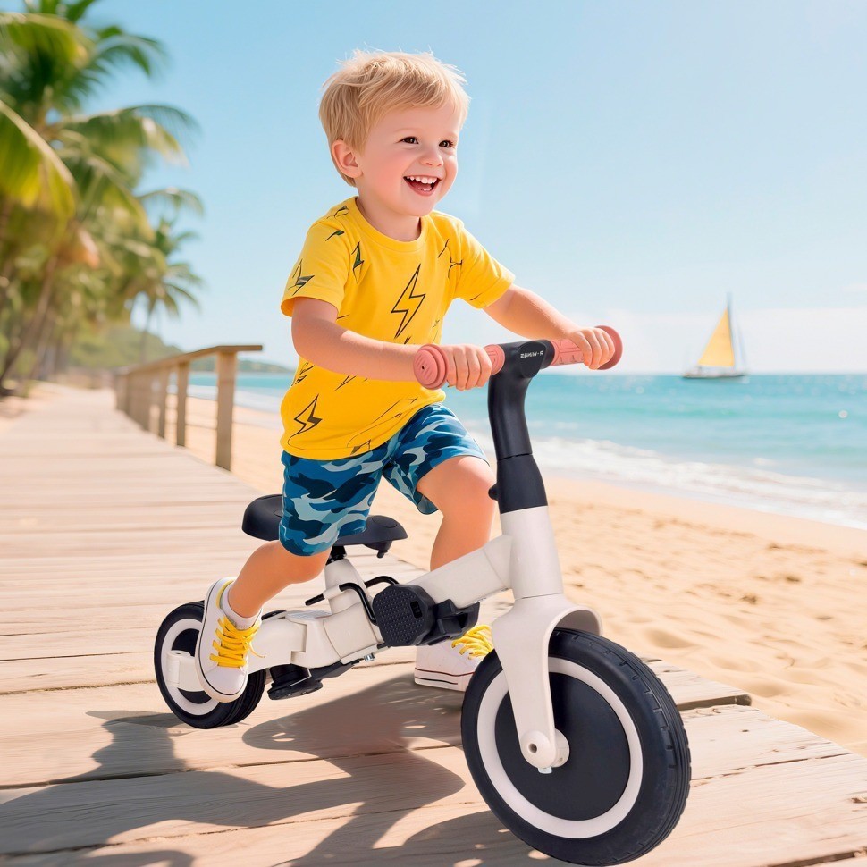 Детский беговел-велосипед 8в1 с крышей и ручкой, бежевый (TR010-BEIGE)