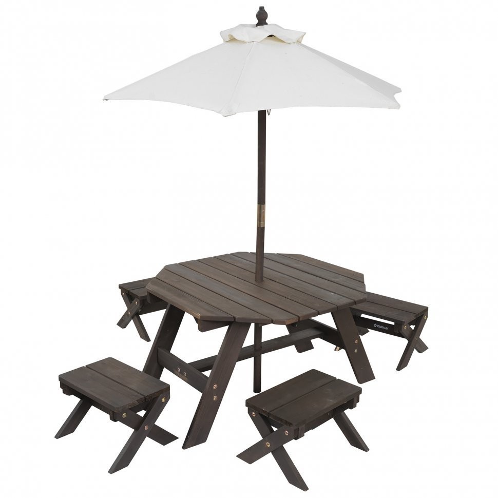 Детская садовая мебель (4 скамьи, стол-пикник, зонт), коричневый (20304_KE)