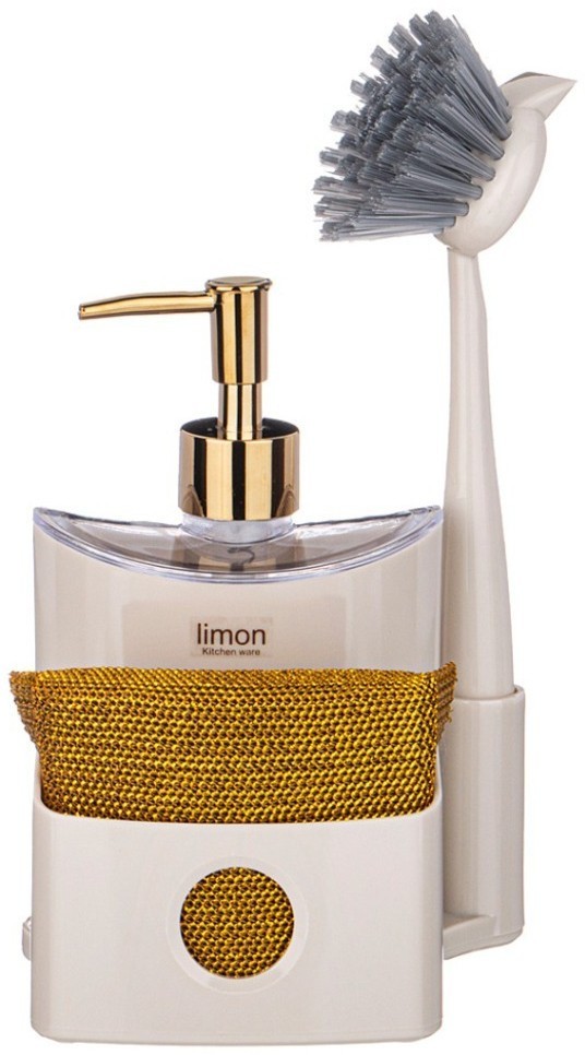 Дозатор для мыла одинарный с губкой и щеткой, бежевый с золотом 500мл LIMON (166-130)