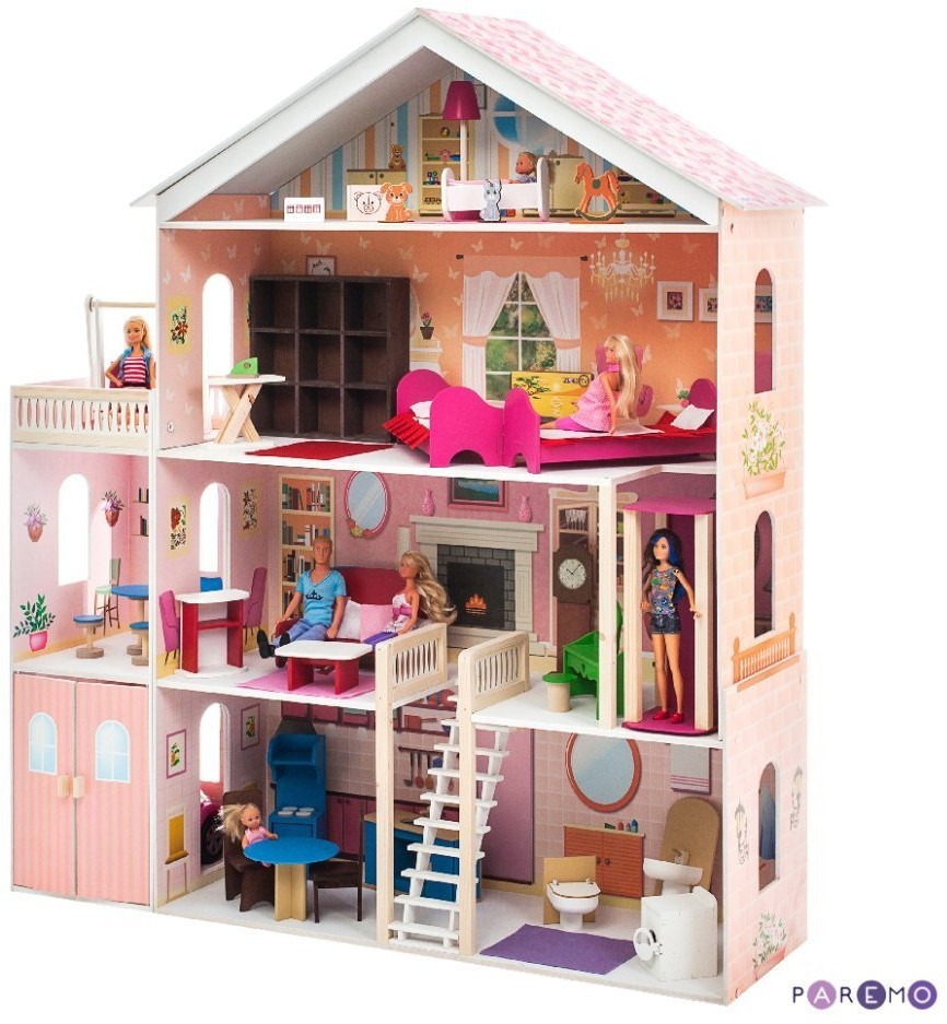 Деревянный кукольный домик "Мечта", с мебелью 31 предмет в наборе, с гаражом и с качелями, для кукол 30 см (PD316-02)