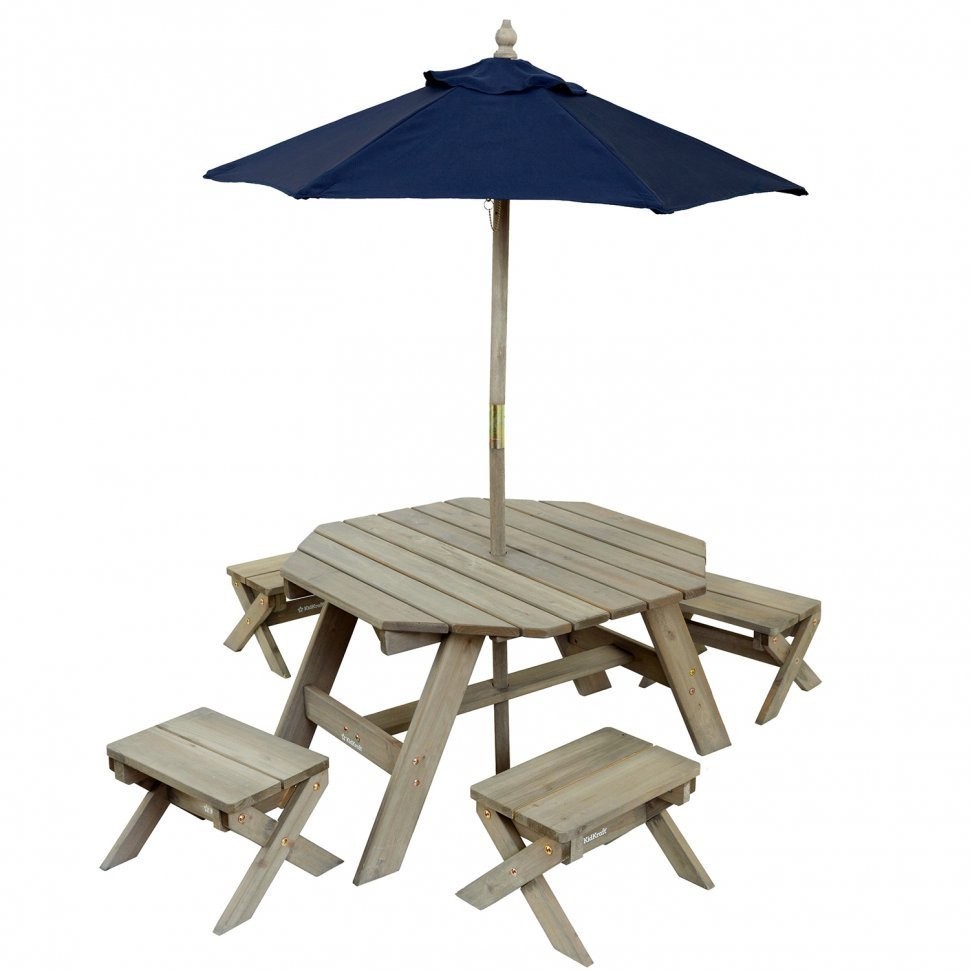 Детская садовая мебель (4 скамьи, стол-пикник, зонт), серо-синий (20176_KE)