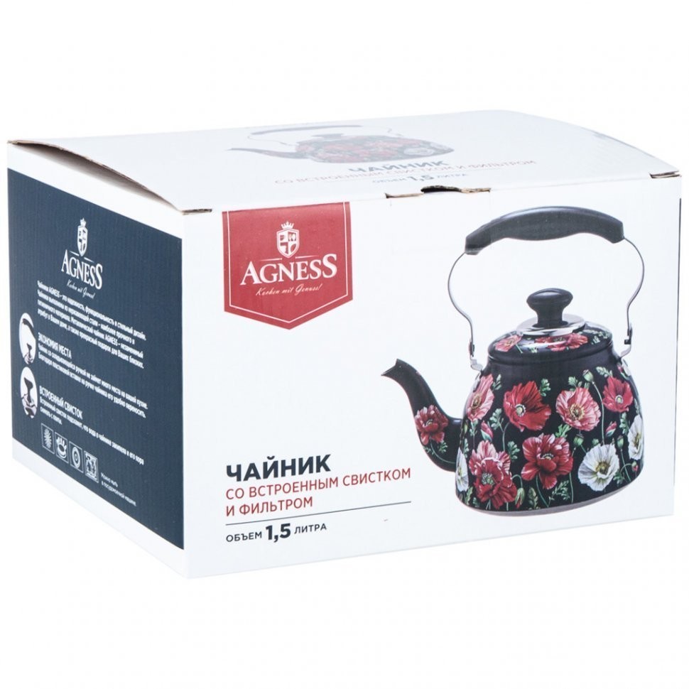 Чайник agness "маки" со встроенным свистком и фильтром 1500 мл (916-408)