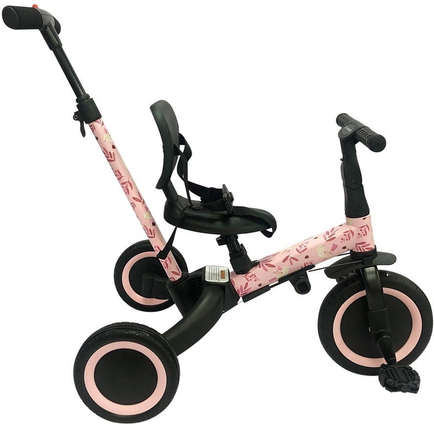 Детский беговел-велосипед 4в1 с родительской ручкой, розовый с рисунком (TR007-PINK-PAINT)