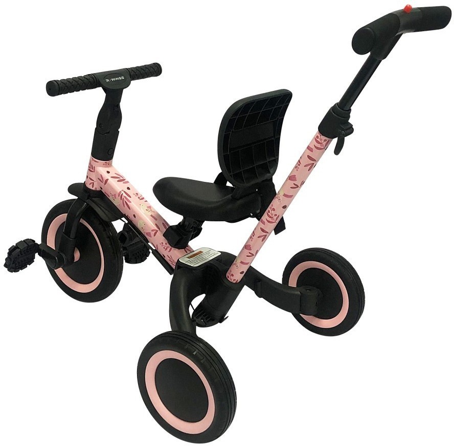 Детский беговел-велосипед 4в1 с родительской ручкой, розовый с рисунком (TR007-PINK-PAINT)