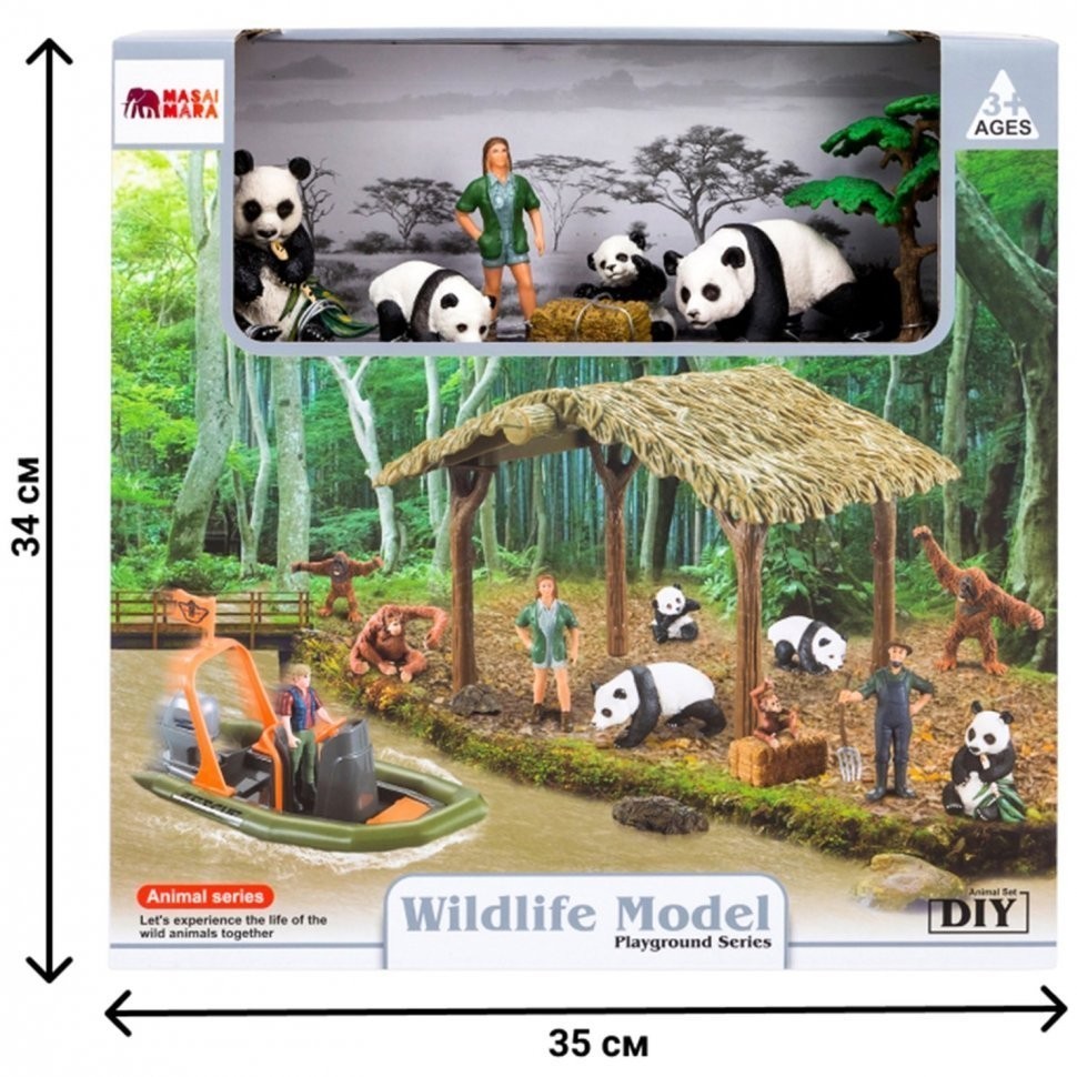 Набор фигурок животных серии "На ферме": Ферма игрушка, панды, лодка, фермер, инвентарь - 10 предметов (ММ205-058)