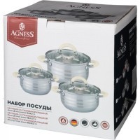Набор кастрюль agness,6пр.1,8/2,8/3,7 л,диа.16/18/20см,нерж.сталь со стекл.крышками,силикон.ручками Agness (937-250)