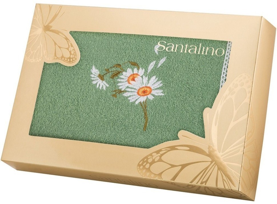 Полотенце махровое "ромашки",30х50см,зелёный,вышивка,100% х\б SANTALINO (850-331-66)