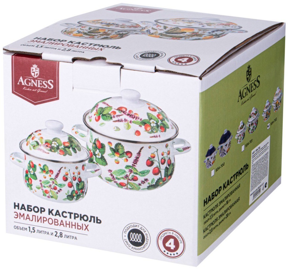 Набор кастрюль agness эмалированных серия "фруктовая корзина", 4пр. 1,5л и 2,8л, 16х10см, 20х12см (934-702)