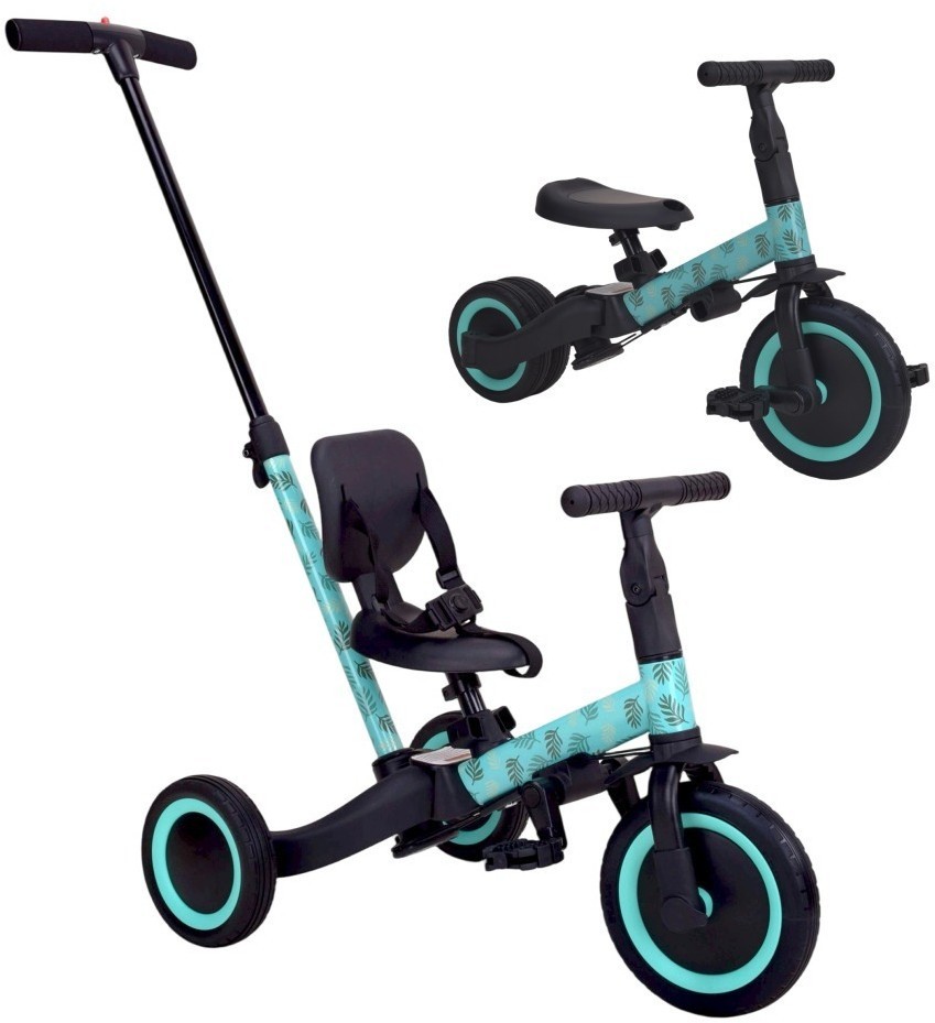 Детский беговел-велосипед 4в1 с родительской ручкой, зеленый с рисунком (TR007-CYAN-PAINT)