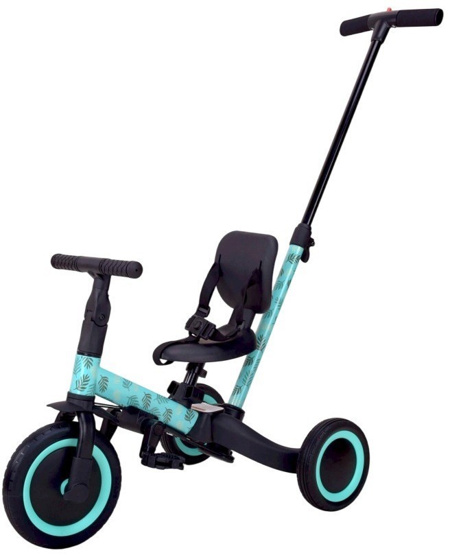 Детский беговел-велосипед 4в1 с родительской ручкой, зеленый с рисунком (TR007-CYAN-PAINT)
