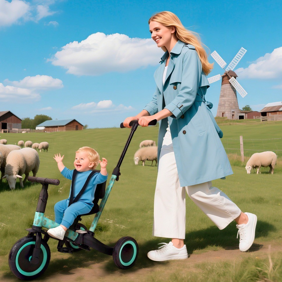 Детский беговел-велосипед 4в1 с родительской ручкой, зеленый с рисунком (TR007-CYAN-PAINT)