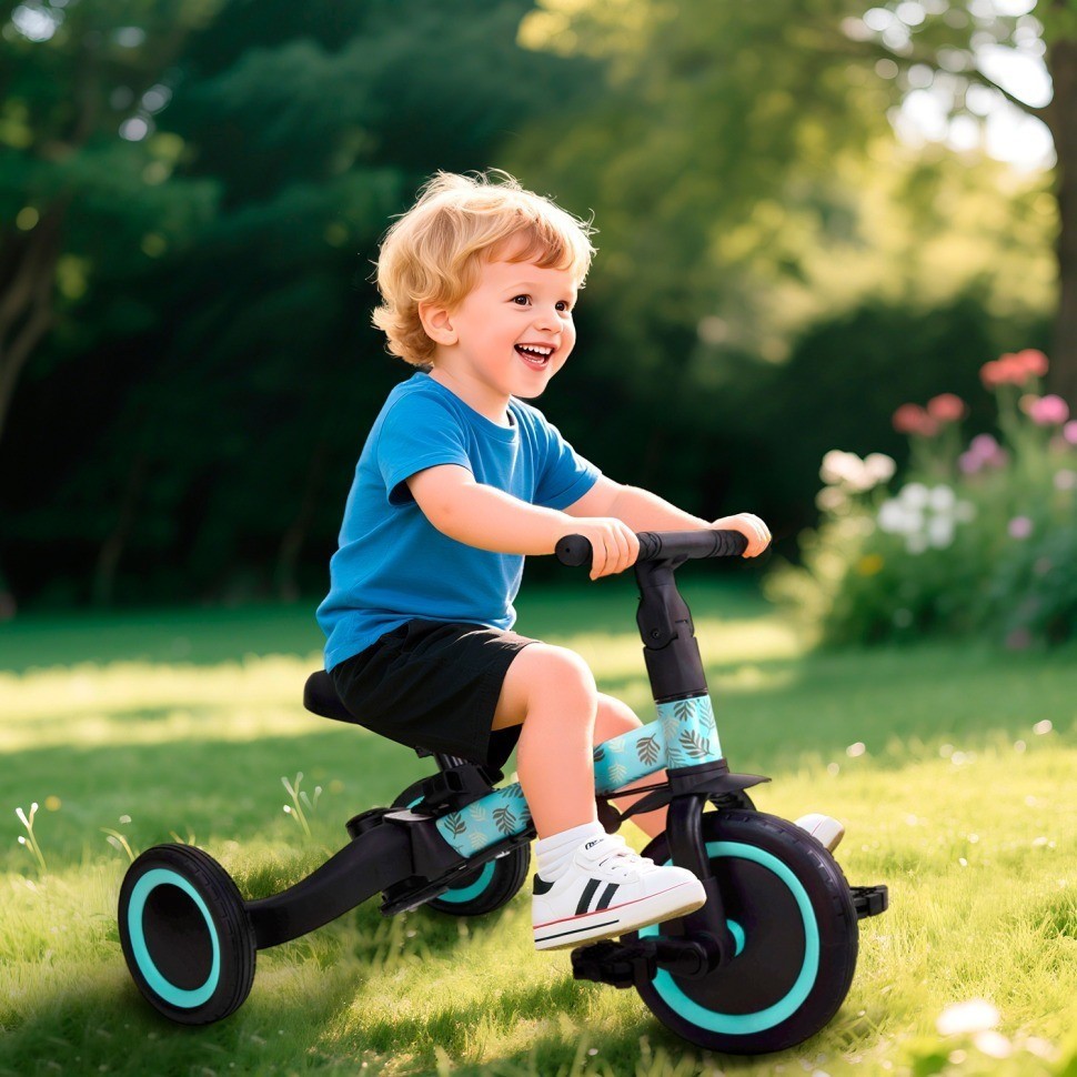 Детский беговел-велосипед 4в1 с родительской ручкой, зеленый с рисунком (TR007-CYAN-PAINT)