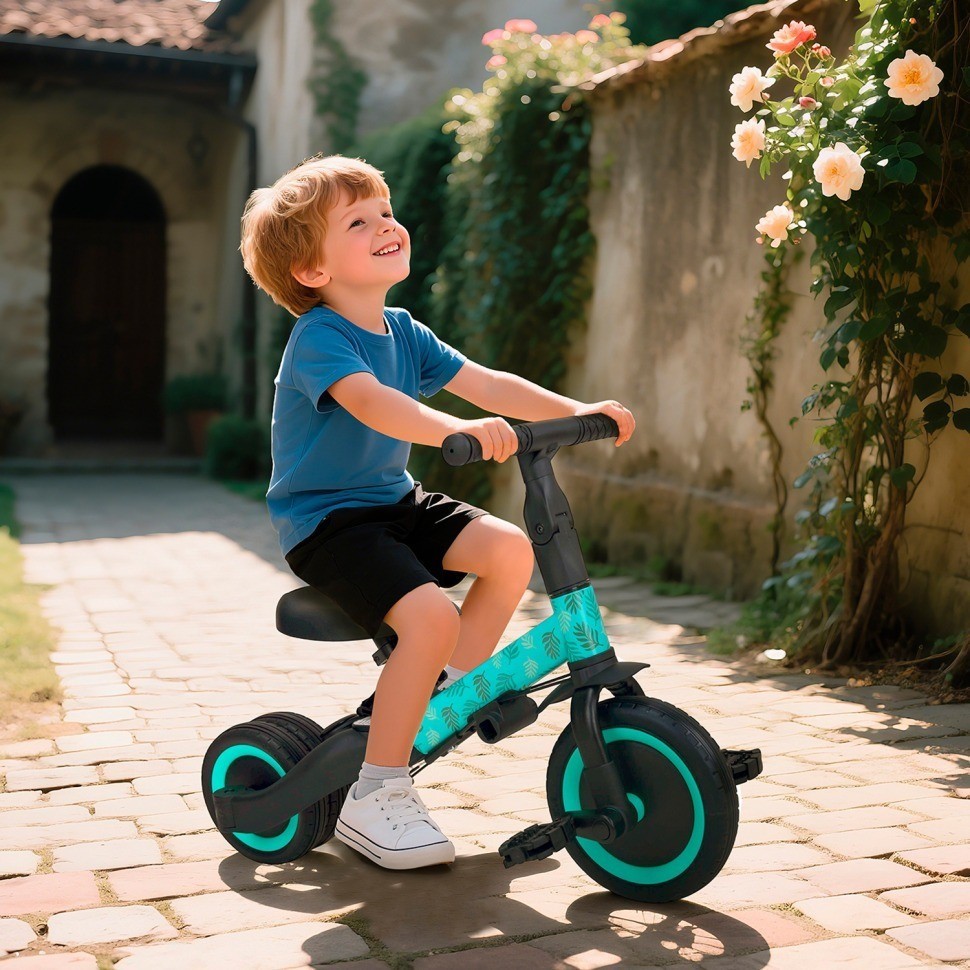 Детский беговел-велосипед 4в1 с родительской ручкой, зеленый с рисунком (TR007-CYAN-PAINT)
