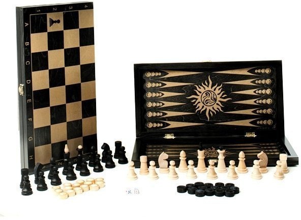 Игра 3в1 малая черная, рисунок золото с обиходными деревянными шахматами "Объедовские" (нарды, шахма (46144)