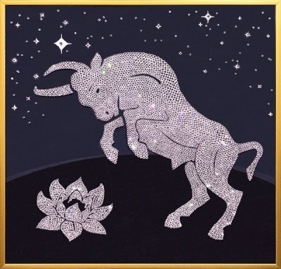 Картина Бык с лотосом белый с кристаллами Swarovski (2323)