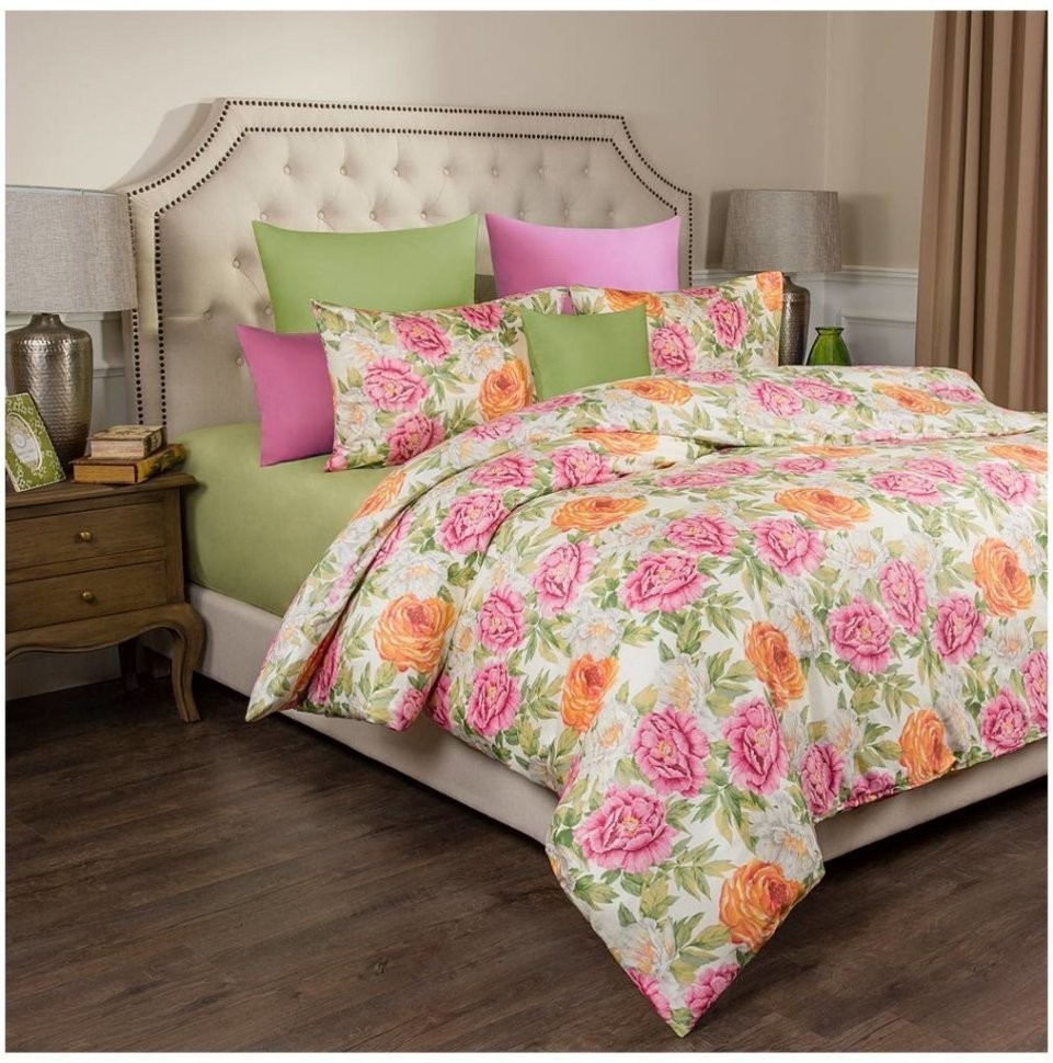 Кпб 2-х спальный "пионы" под 175х215 -1шт., пр (цвет св.зеленый) 220х250  -1шт., нав70х70-2шт SANTALINO (984-715)