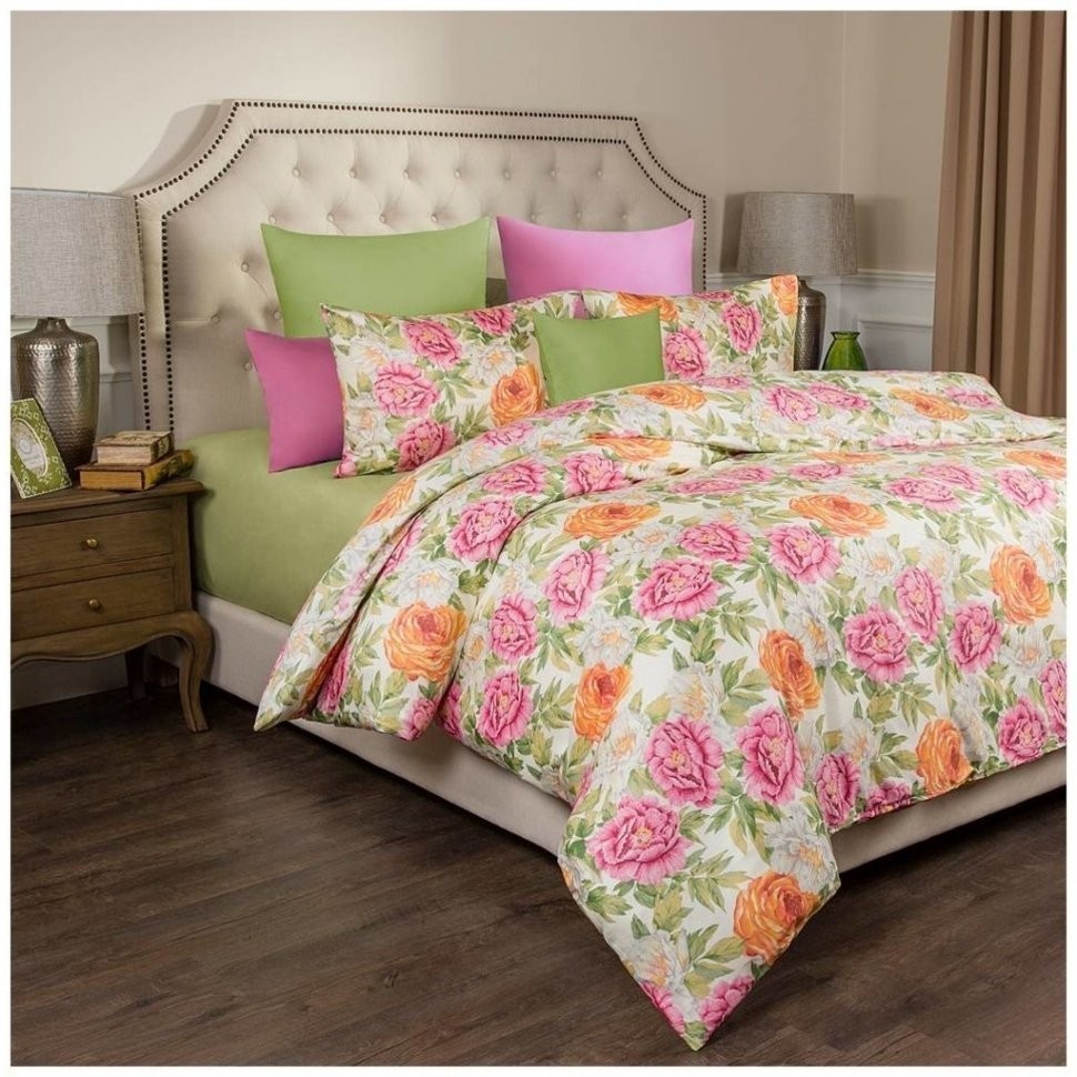 Кпб 2-х спальный "пионы" под 175х215 -1шт., пр (цвет св.зеленый) 220х250  -1шт., нав70х70-2шт SANTALINO (984-715)