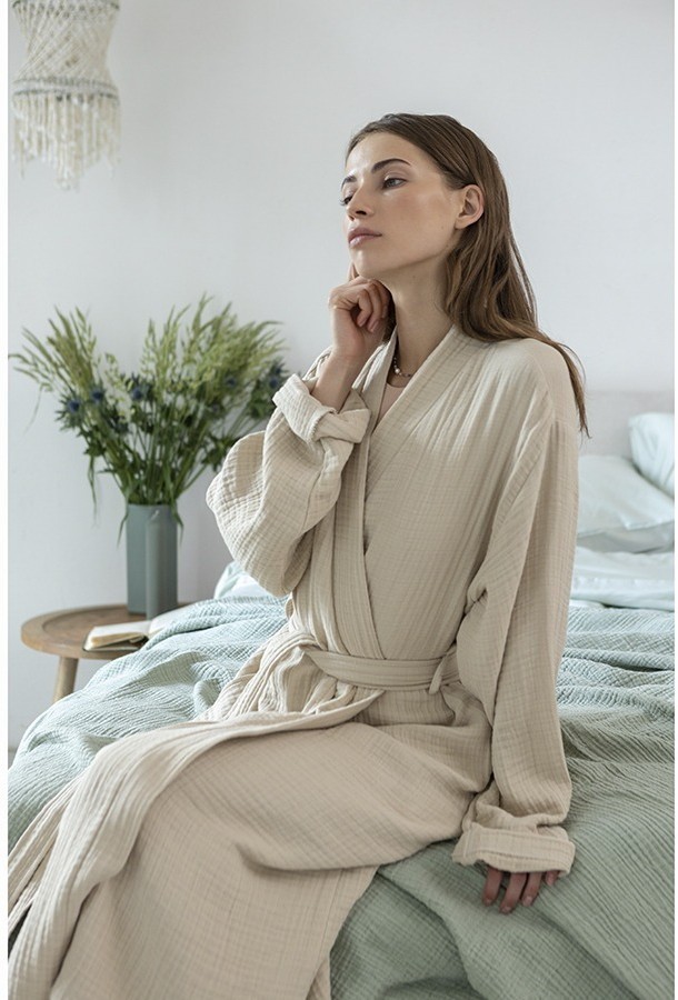 Халат из многослойного муслина бежевого цвета из коллекции essential, размер m (75389)