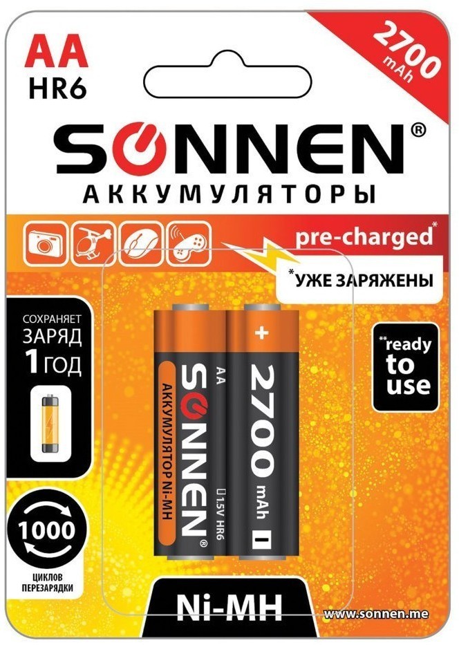 Батарейки аккумуляторные Sonnen HR06 (АА) Ni-Mh 2700 mAh 2 шт (454235) (2) (65538)