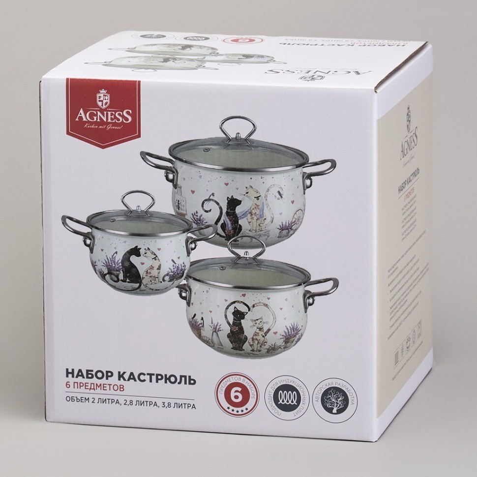Набор кастрюль эмалированный, серия "lavender cats 6пр. 2,0/2,8/3,8л диа.18/20/22см Agness (943-107)