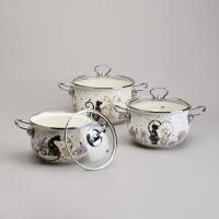 Набор кастрюль эмалированный, серия &quot;lavender cats 6пр. 2,0/2,8/3,8л диа.18/20/22см Agness (943-107)