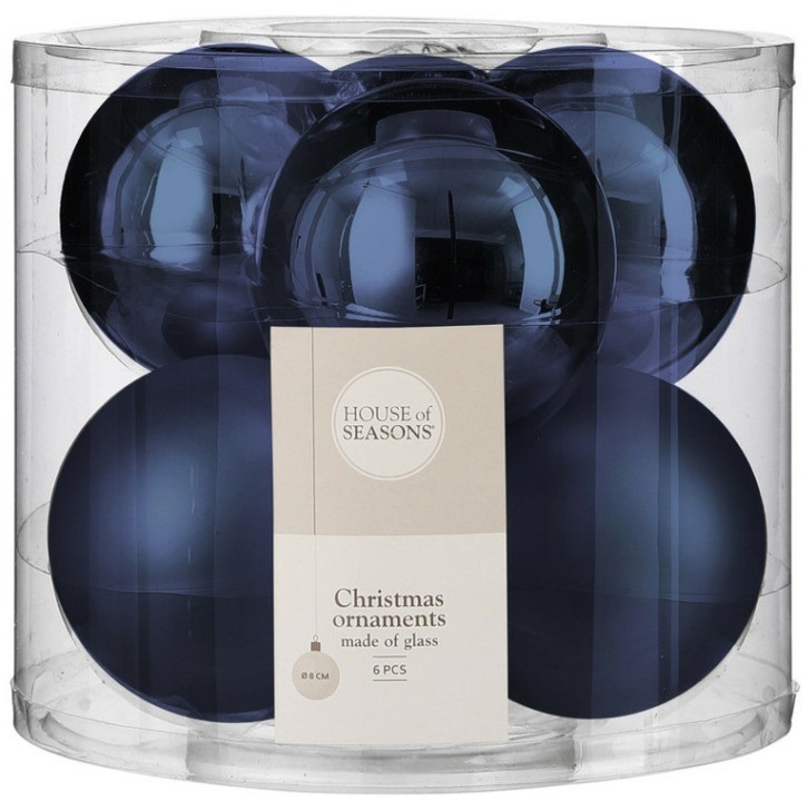 Набор шаров ø 8 см 6 шт темно-синий в прозрачной коробке (85575)