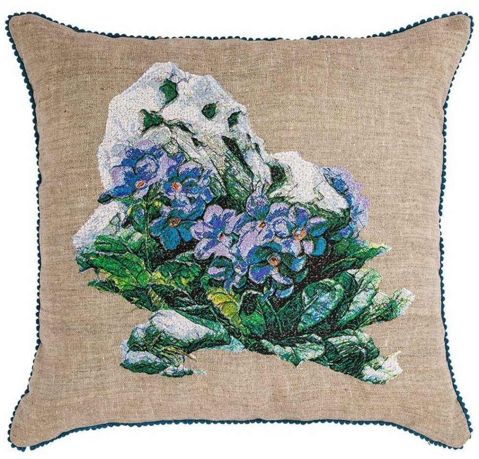 Подушка декоративная "акварель,эдельвейс",45х45см,серый+синий,100% лён, вышивка SANTALINO (850-827-98)