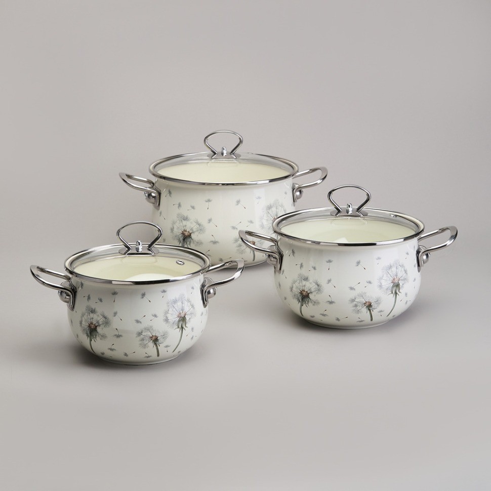 Набор кастрюль эмалированный, серия "dandelion" 6пр. 2,0/2,8/3,8л диа.18/20/22см Agness (943-105)