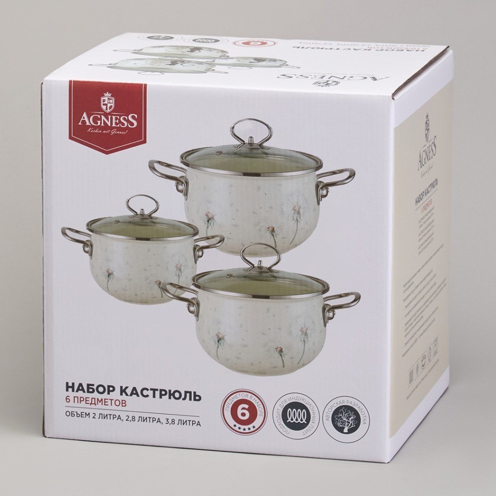 Набор кастрюль эмалированный, серия "dandelion" 6пр. 2,0/2,8/3,8л диа.18/20/22см Agness (943-105)