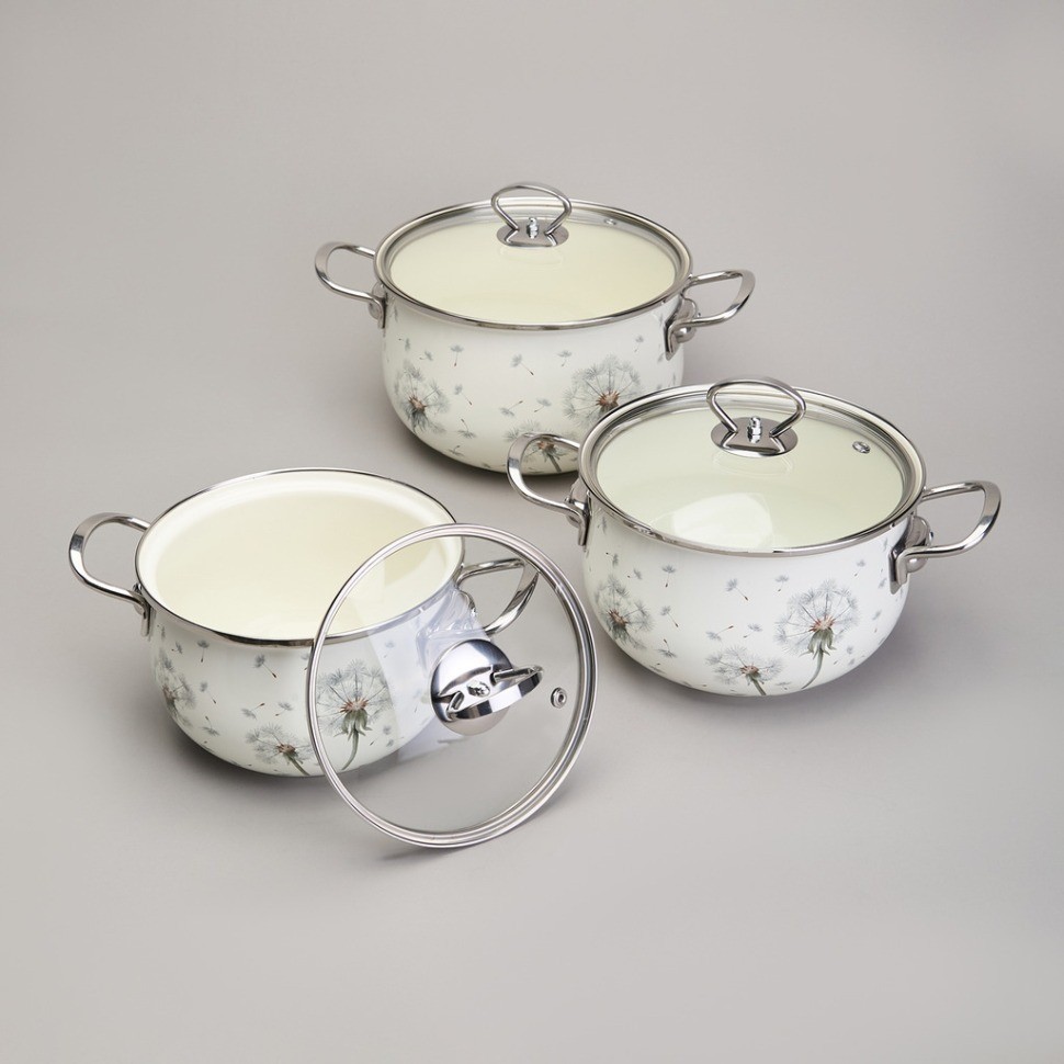 Набор кастрюль эмалированный, серия "dandelion" 6пр. 2,0/2,8/3,8л диа.18/20/22см Agness (943-105)