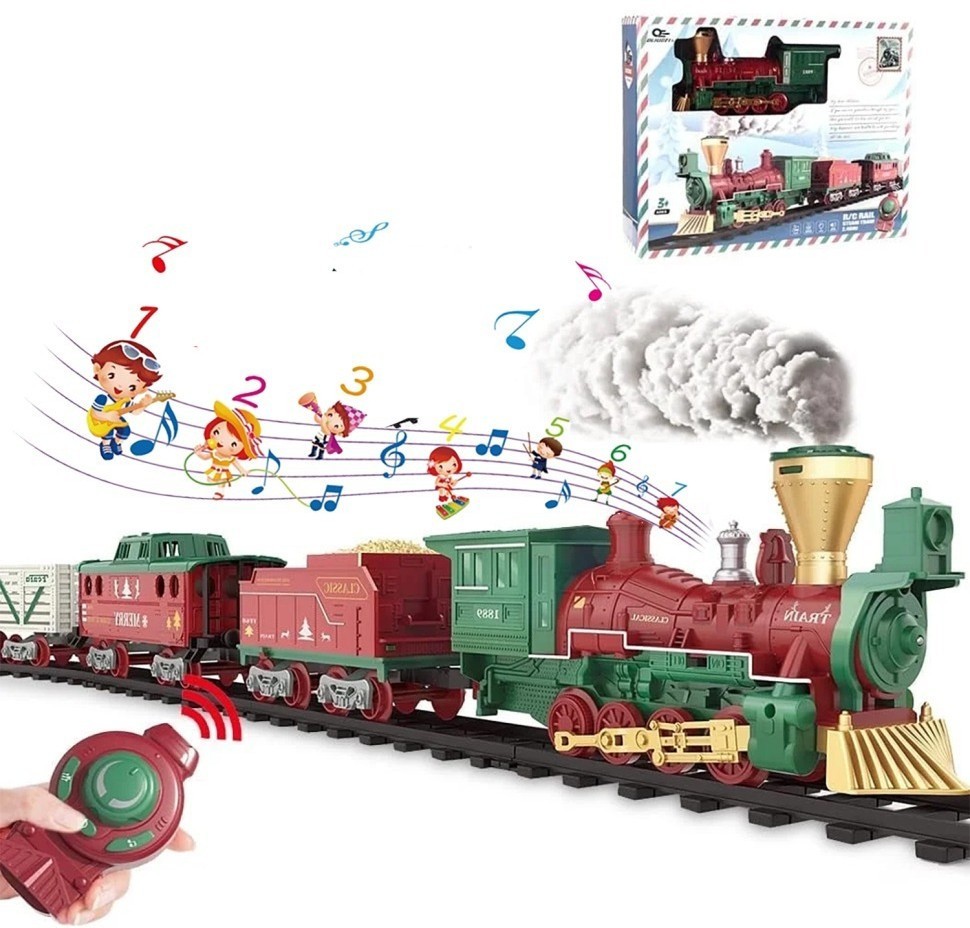 Железная дорога Новогодний поезд Fenfa (3 вагона, пар, пульт, свет, звук) (1613F)