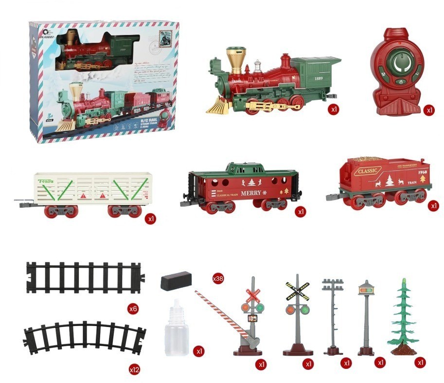 Железная дорога Новогодний поезд Fenfa (3 вагона, пар, пульт, свет, звук) (1613F)