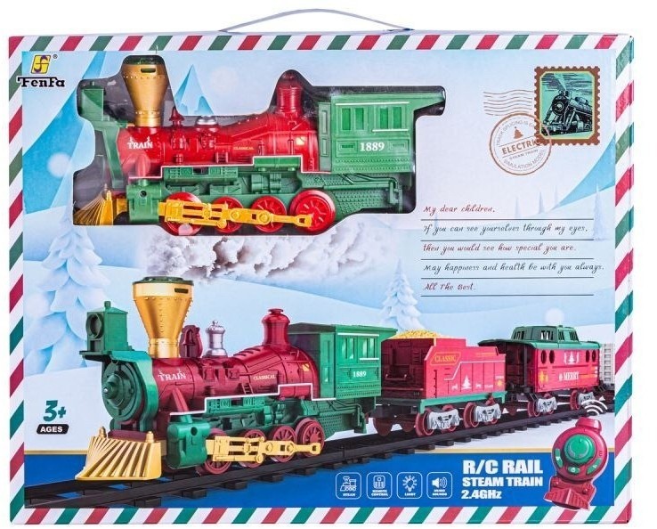 Железная дорога Новогодний поезд Fenfa (3 вагона, пар, пульт, свет, звук) (1613F)