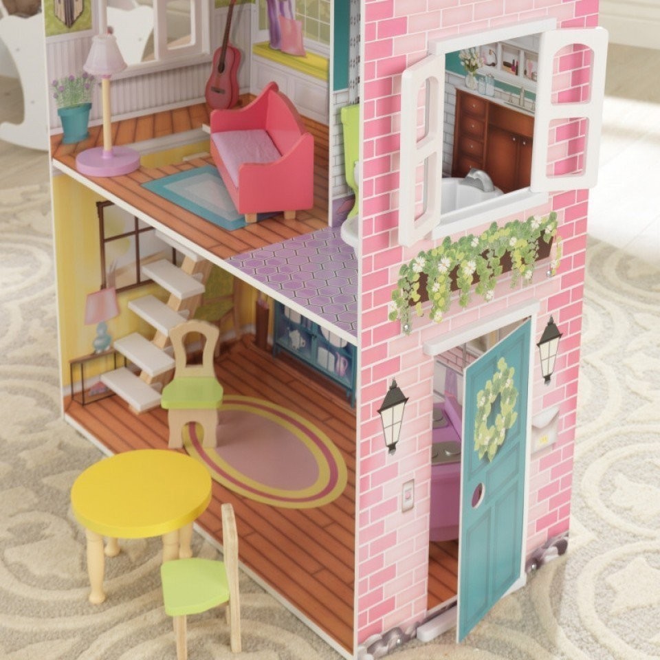 Деревянный кукольный домик "Поппи", с мебелью 11 предметов в наборе, для кукол 30 см (65959_KE)