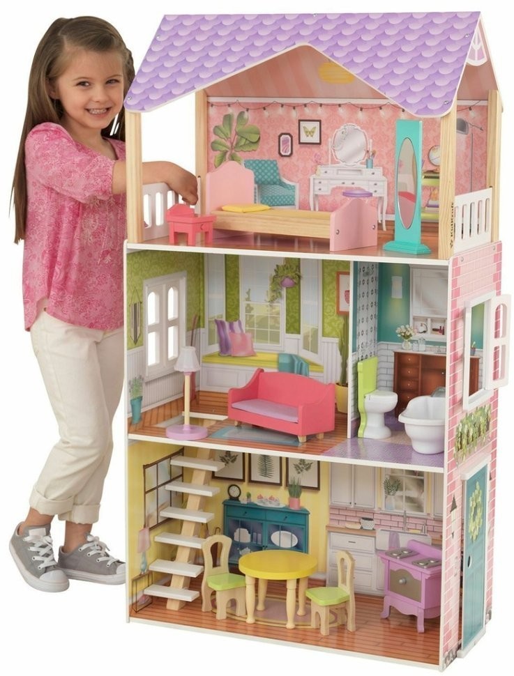 Деревянный кукольный домик "Поппи", с мебелью 11 предметов в наборе, для кукол 30 см (65959_KE)