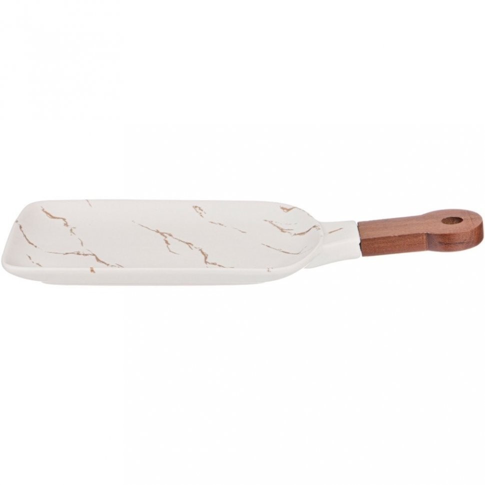 Блюдо для сервировки с деревянной ручкой коллекция "золотой мрамор" цвет: white 34*15,3*2 см Lefard (412-176)