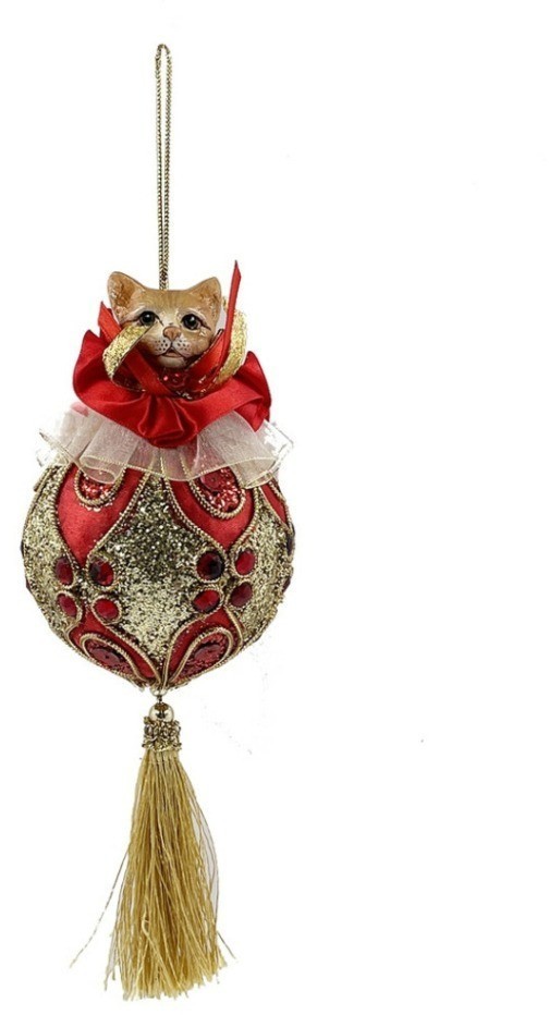 Елочная игрушка кот на шаре с кисточкой красно-золотой 23 см полиэстер (86522)