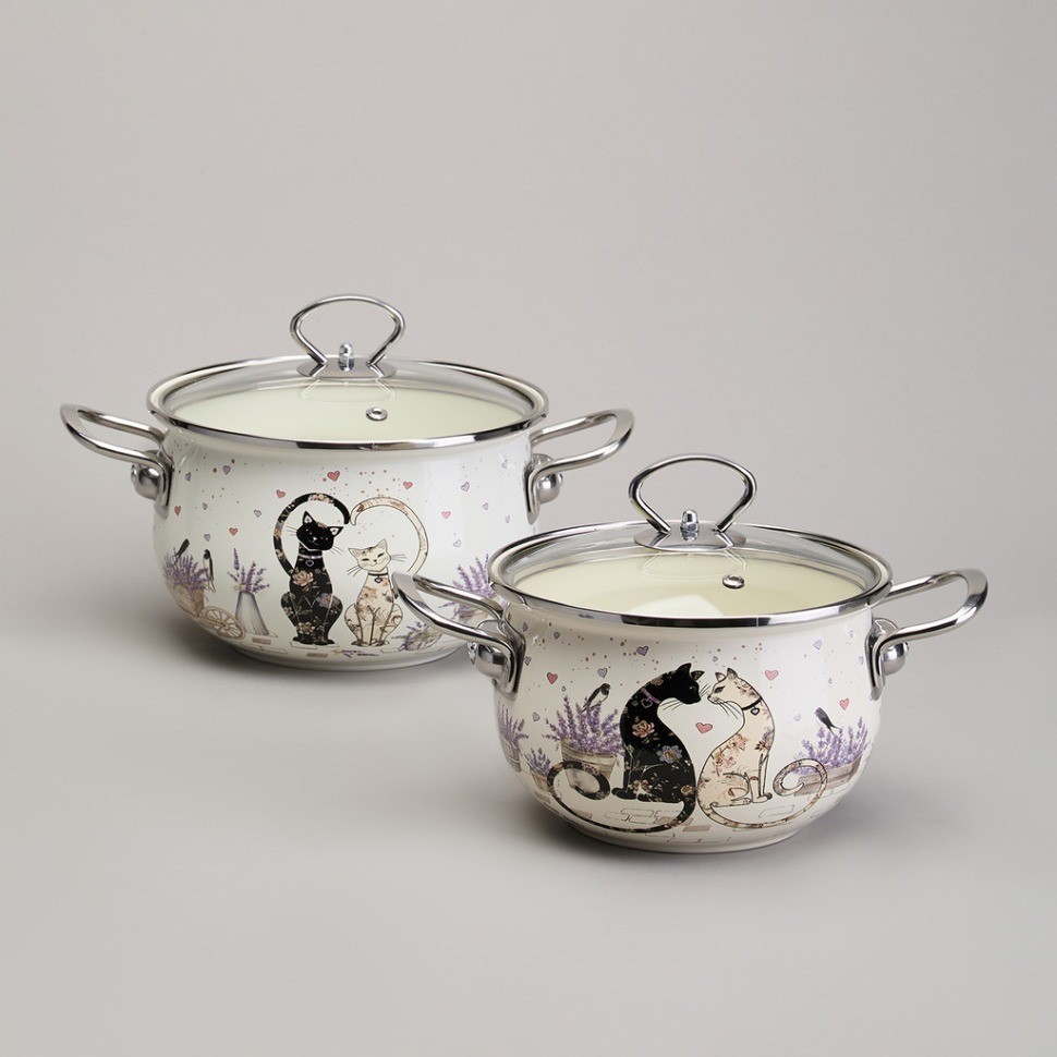 Набор кастрюль эмалированный, серия "lavender cats" 4пр. 2,0/2,8л диа.18/20см Agness (943-102)
