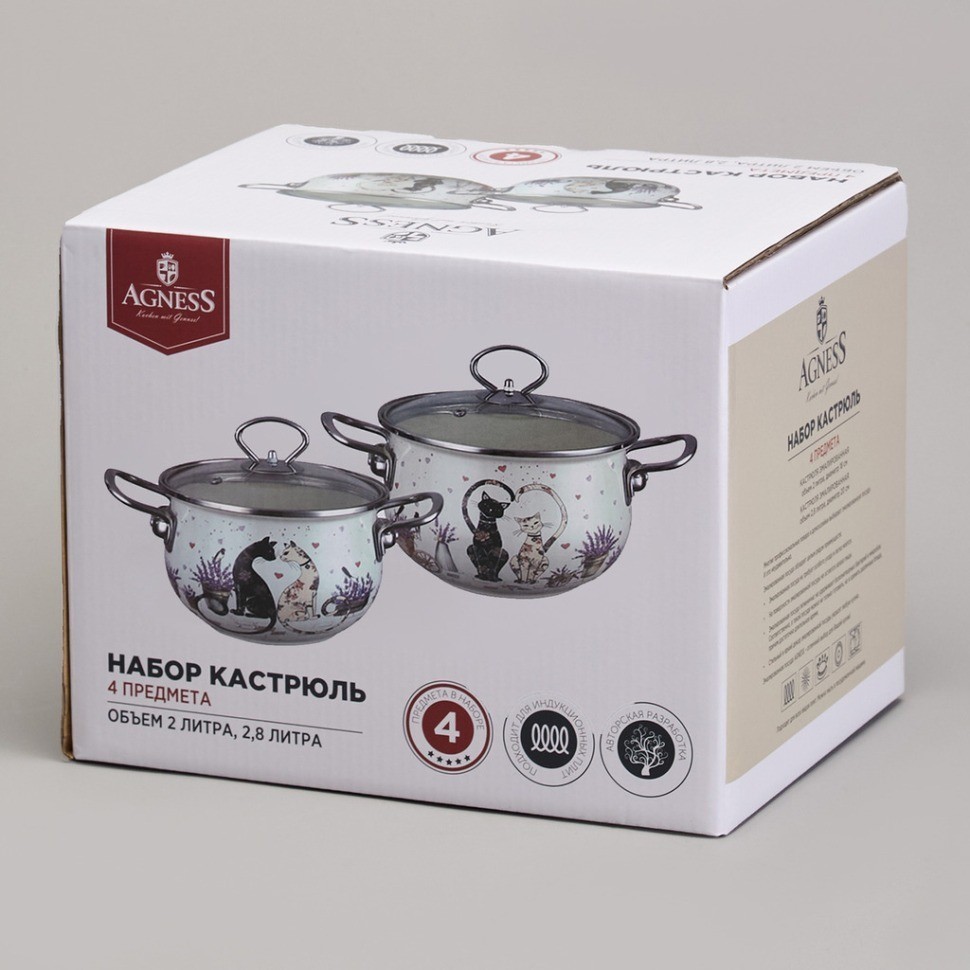Набор кастрюль эмалированный, серия "lavender cats" 4пр. 2,0/2,8л диа.18/20см Agness (943-102)