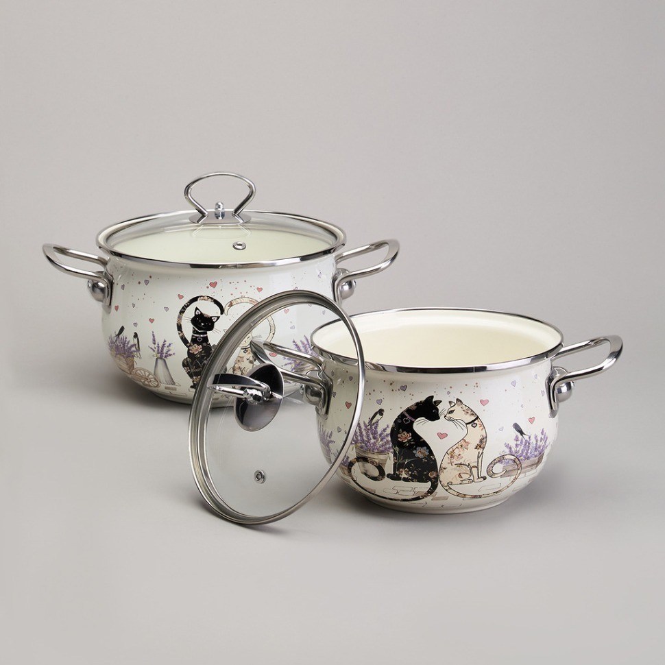 Набор кастрюль эмалированный, серия "lavender cats" 4пр. 2,0/2,8л диа.18/20см Agness (943-102)