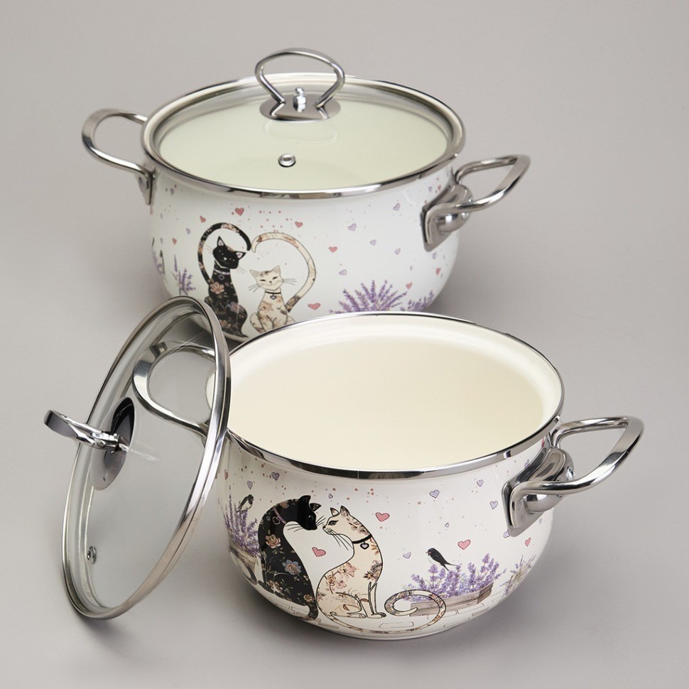 Набор кастрюль эмалированный, серия "lavender cats" 4пр. 2,0/2,8л диа.18/20см Agness (943-102)