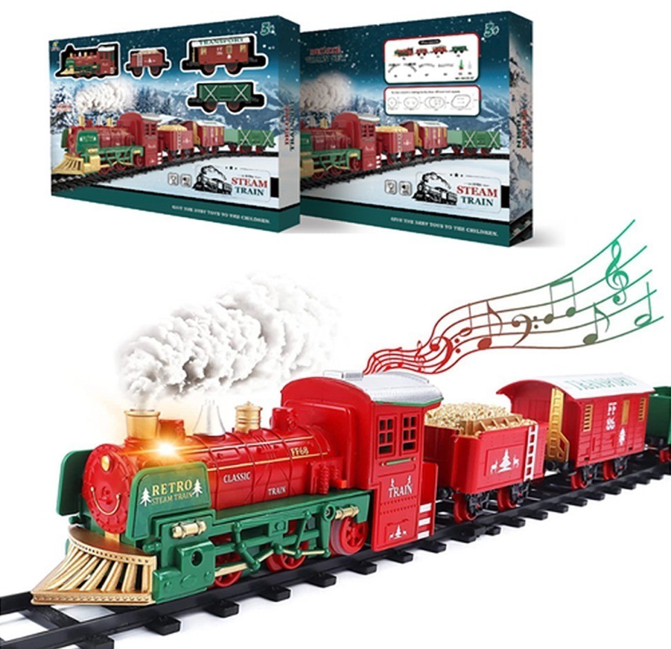 Железная дорога Новогодний поезд Fenfa (5 вагонов, звук, пускает пар) (1603D)