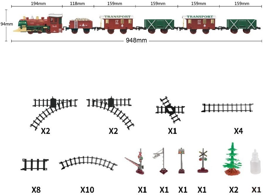 Железная дорога Новогодний поезд Fenfa (5 вагонов, звук, пускает пар) (1603D)