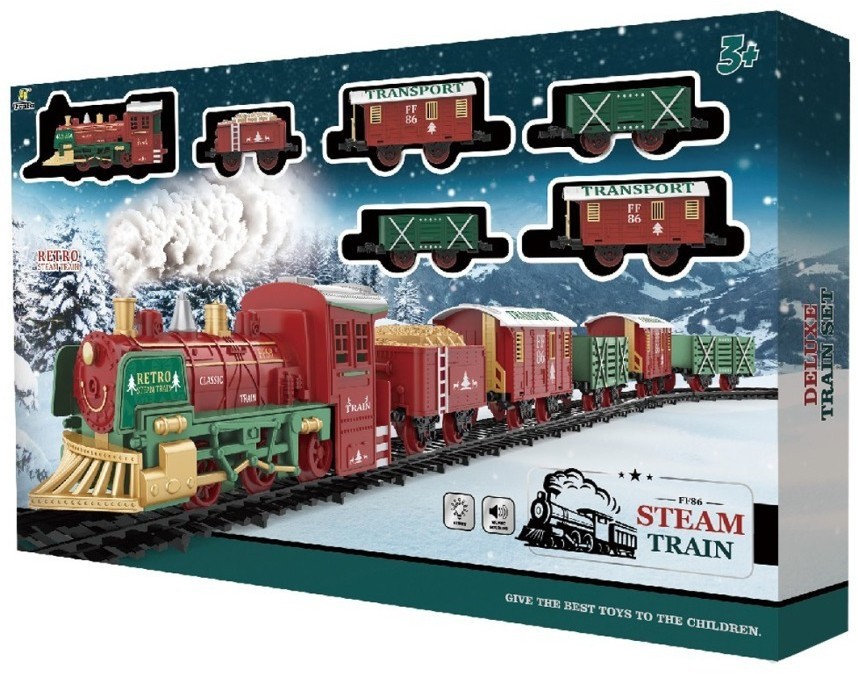 Железная дорога Новогодний поезд Fenfa (5 вагонов, звук, пускает пар) (1603D)