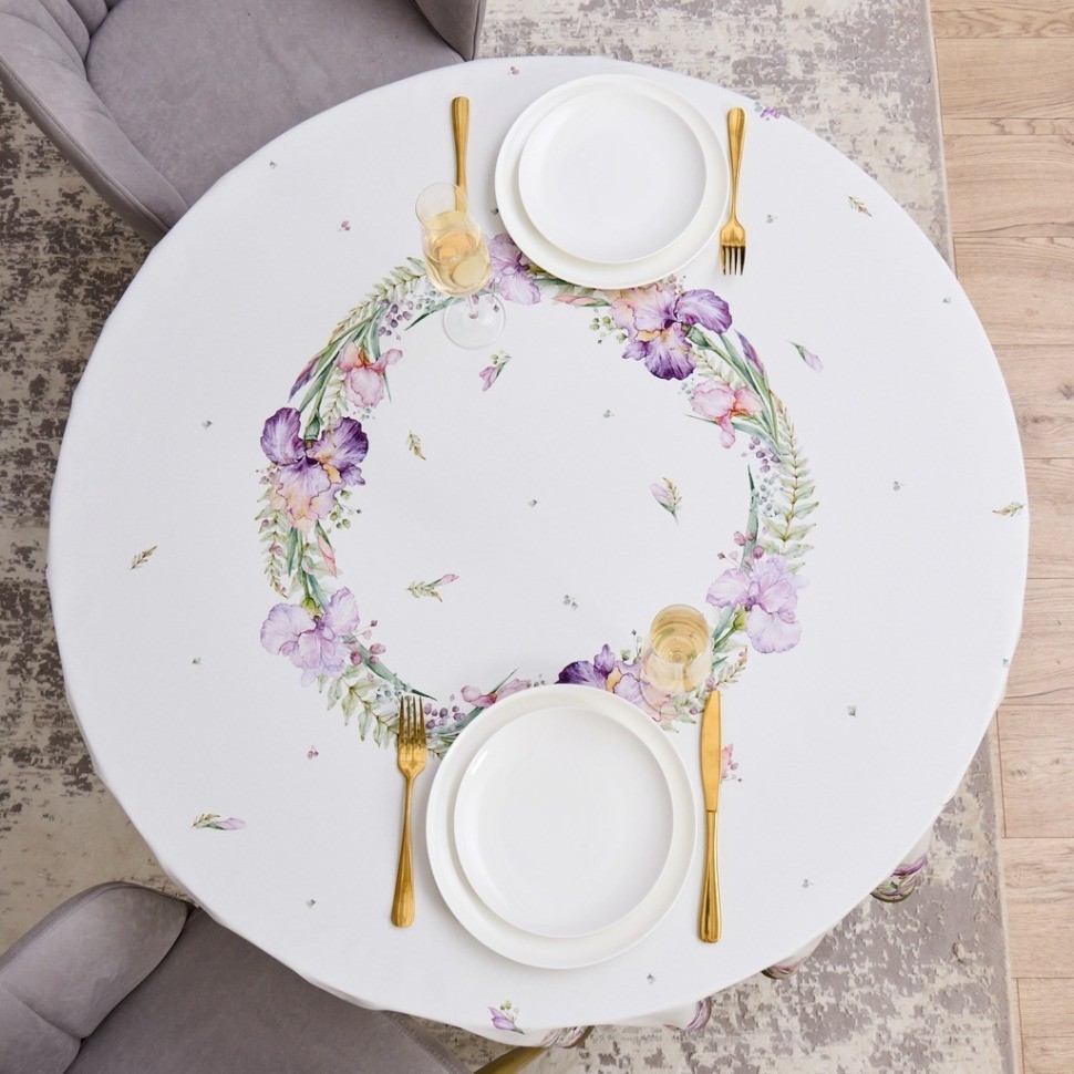 Скатерть круглая "ирисы" 190см ,белый, 100% хлопок, твил, с пропиткой Lefard (850-743-22)