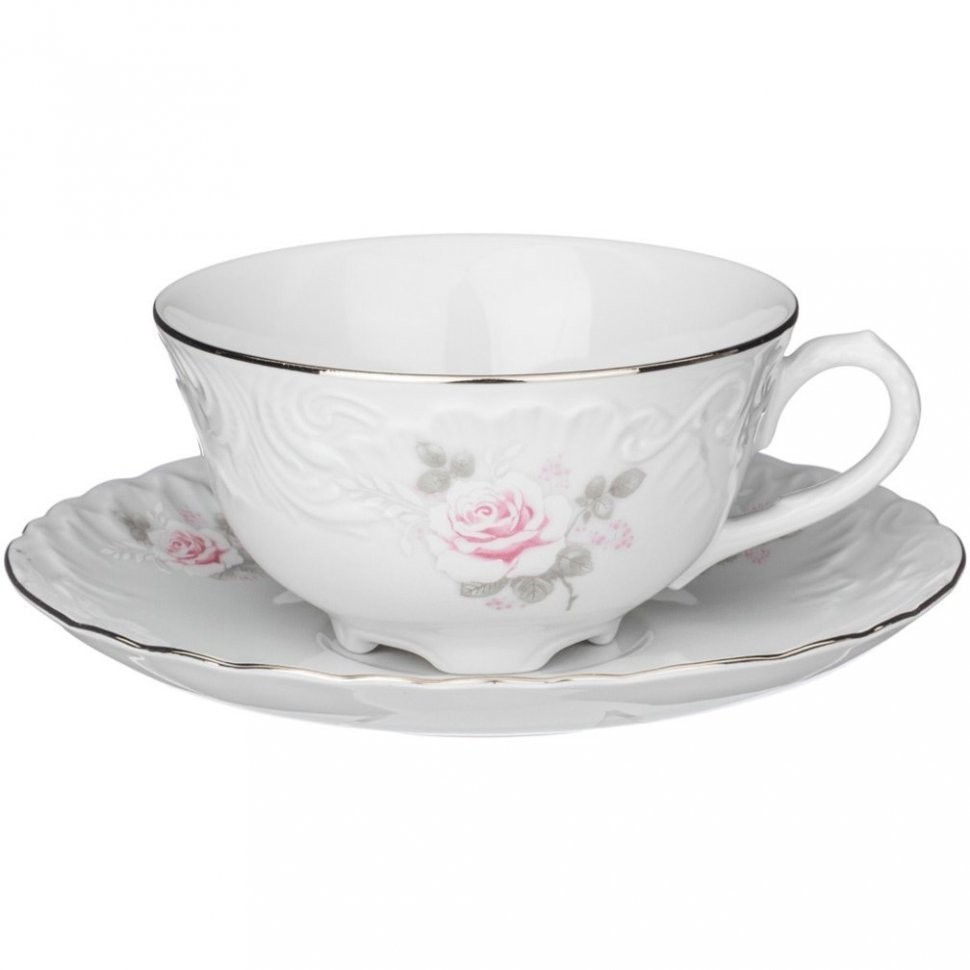 Чайный сервиз на 6 персон 15 пр рококо "нежная роза" платина Cmielow (676-015)